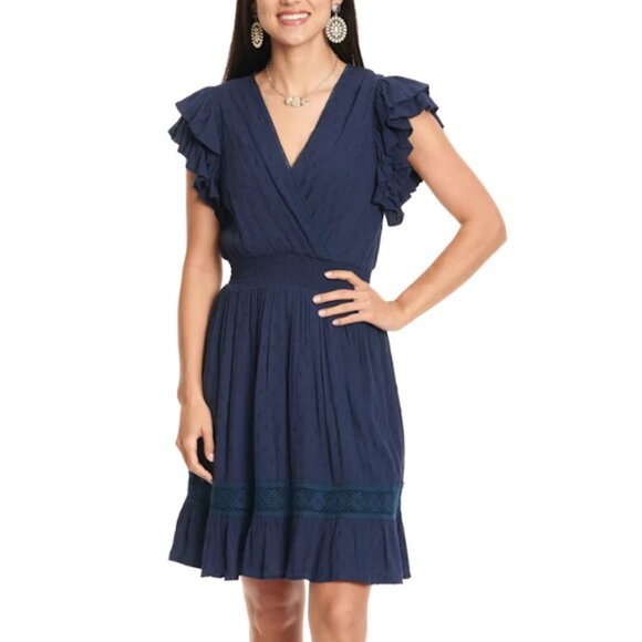 Rockin' C Women's Navy Swiss Dot V-Neck Short Flutter Sleeve Dress - Picture 1 of 4